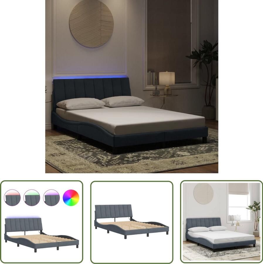 VidaXL Bedframe met LED zonder matras Hanko fluweel donkergrijs 120x200 cm Slaapkamers Bed Frame Boxspring Led Verlichting Fluweel Bed