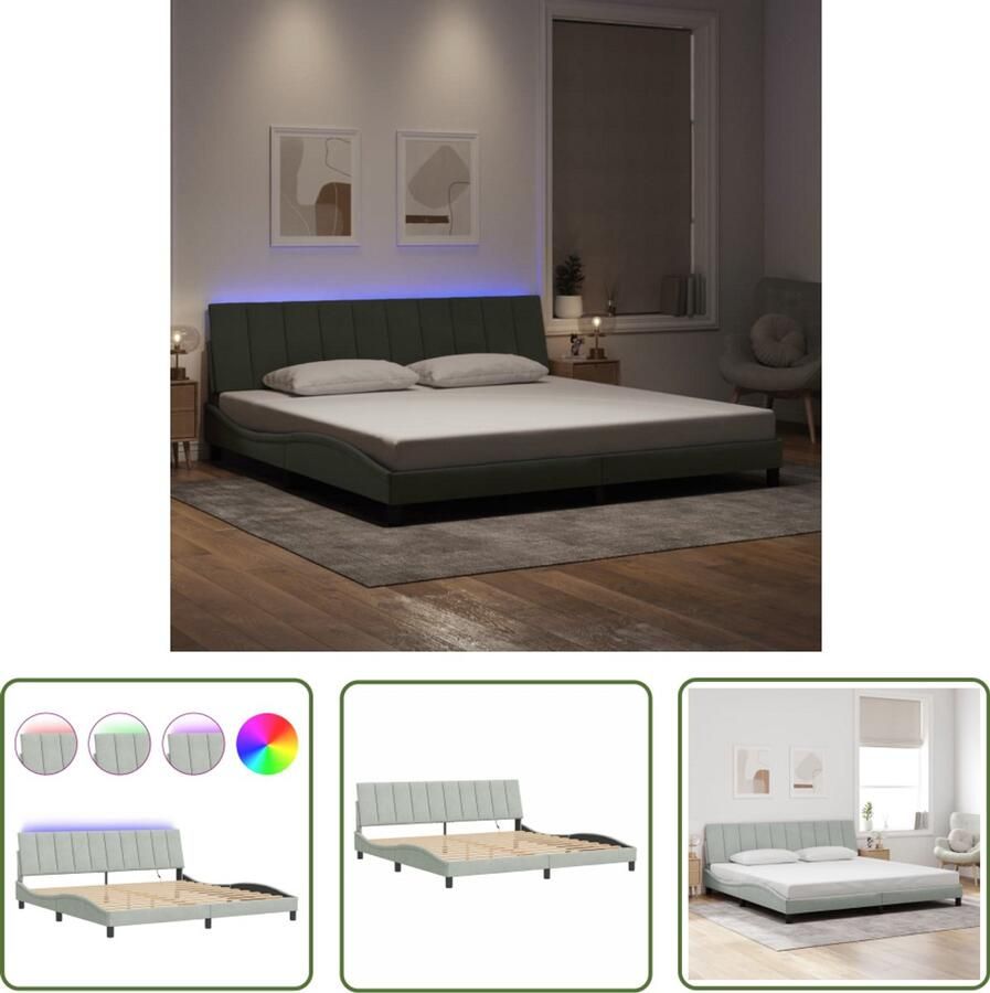VidaXL Bed Frame Slaapkamers Bedframe met LED zonder matras Hanko fluweel lichtgrijs 200x200 cm Led Verlichting Fluweel Bed Tweepersoons Bed