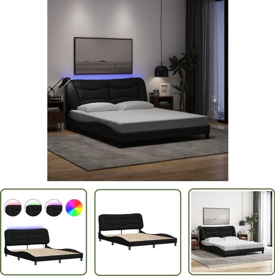 VidaXL Bed Frame Slaapkamers Bedframe met LED zonder matras Hvar 160x200 cm stof zwart Led Lamp Hoofdbord Boxspring
