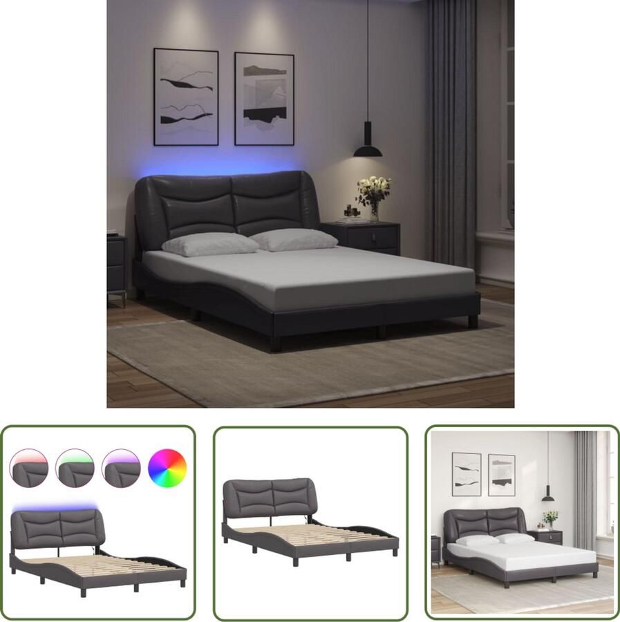 VidaXL Bed Frame Slaapkamers Bedframe met LED zonder matras Hvar kunstleer grijs 140x200 cm Led Lamp Kunstleder Modern Design