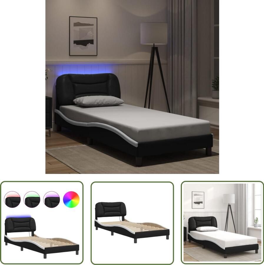 VidaXL Bed Frame Slaapkamers Bedframe met LED zonder matras Hvar kunstleer zwart en wit 90x200 cm Led Lamp Zwarte Bedbank Witte Bedbank