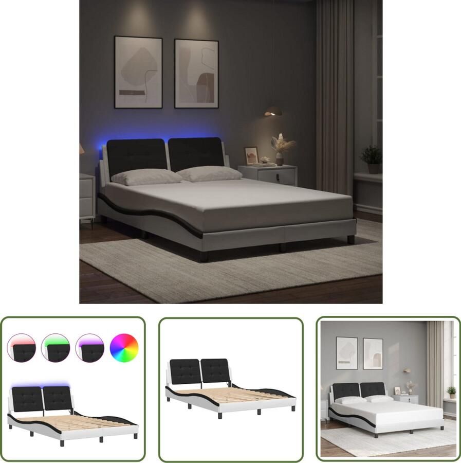 VidaXL Bed Frame Slaapkamers Bedframe met LED zonder matras Zadar kunstleer wit en zwart 140x200 cm Led Verlichting Kunstleder Tweepersoonsbed
