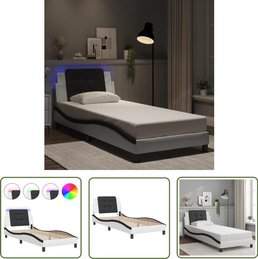 VidaXL Bed Frame Slaapkamers Bedframe met LED zonder matras Zadar kunstleer wit en zwart 90x200 cm Led Verlichting Kunstleder Modern Design