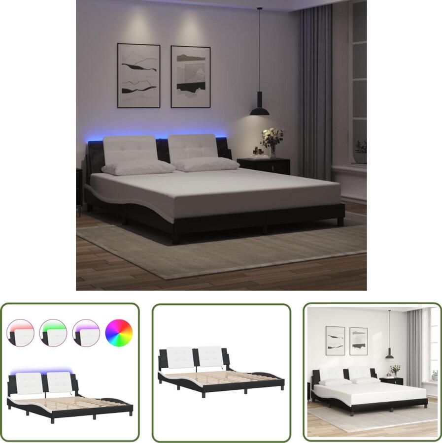 VidaXL Bed Frame Slaapkamers Bedframe met LED zonder matras Zadar kunstleer zwart en wit 180x200 cm Led Verlichting Kunstleder Dubbel Bed