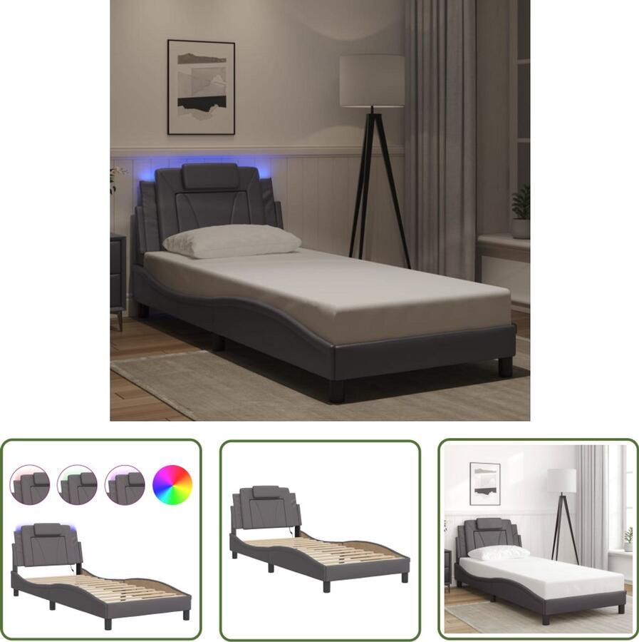 VidaXL Bed Frame Slaapkamers Bedframe Viana met LED zonder matras kunstleer grijs 90x200 cm Led Lamp Kunstleder Hoofdbord