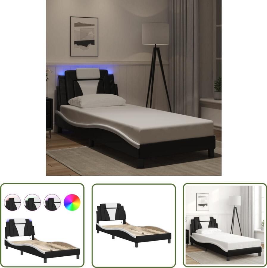 VidaXL Bed Frame Slaapkamers Bedframe Viana met LED zonder matras kunstleer zwart en wit 80x200 cm Led Verlichting Kunstleder Bed Modern Bed