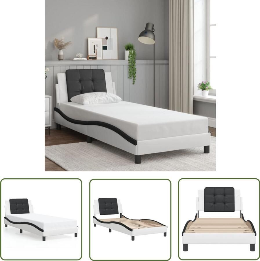 VidaXL Bed Frame Slaapkamers Bedframe zonder matras Zadar kunstleer wit en zwart 90x200 cm Hoofdbord Kunstleer Wit