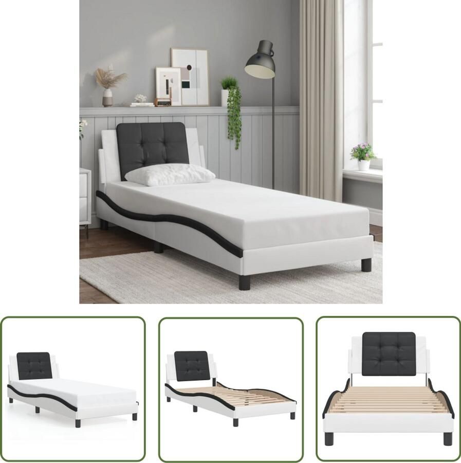 VidaXL Bed Frame Slaapkamers Bedframe zonder matras Zadar kunstleer zwart en wit 90x190 cm Boxspring Hoofdbord Kunstleder
