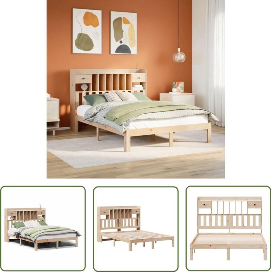 VidaXL Bed Met Boekenkast Massief Houten Bed met boekenkast zonder matras massief grenenhout 140x200 cm Tweepersoonsbed Bedstee Slaapkamer Meubel