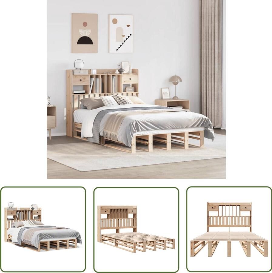 VidaXL Bed Met Boekenkast Slaapbank Bed met boekenkast zonder matras massief grenenhout 135x190 cm Houten Bed Massief Grenenhout Bed Frame