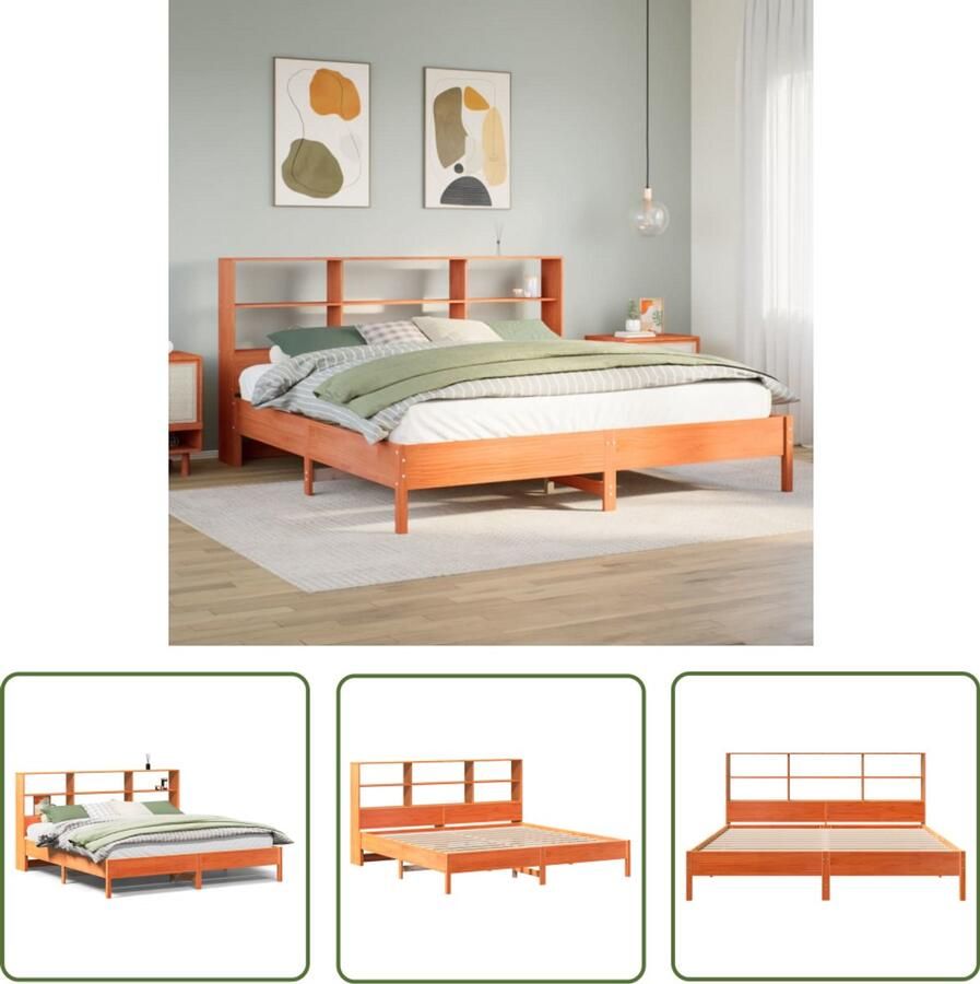 VidaXL Bed met boekenkast zonder matras grenenhout wasbruin 200x200 cm Slaapkamers Bed Met Boekenkast Houten Bed Massief Grenenhout Bedframe