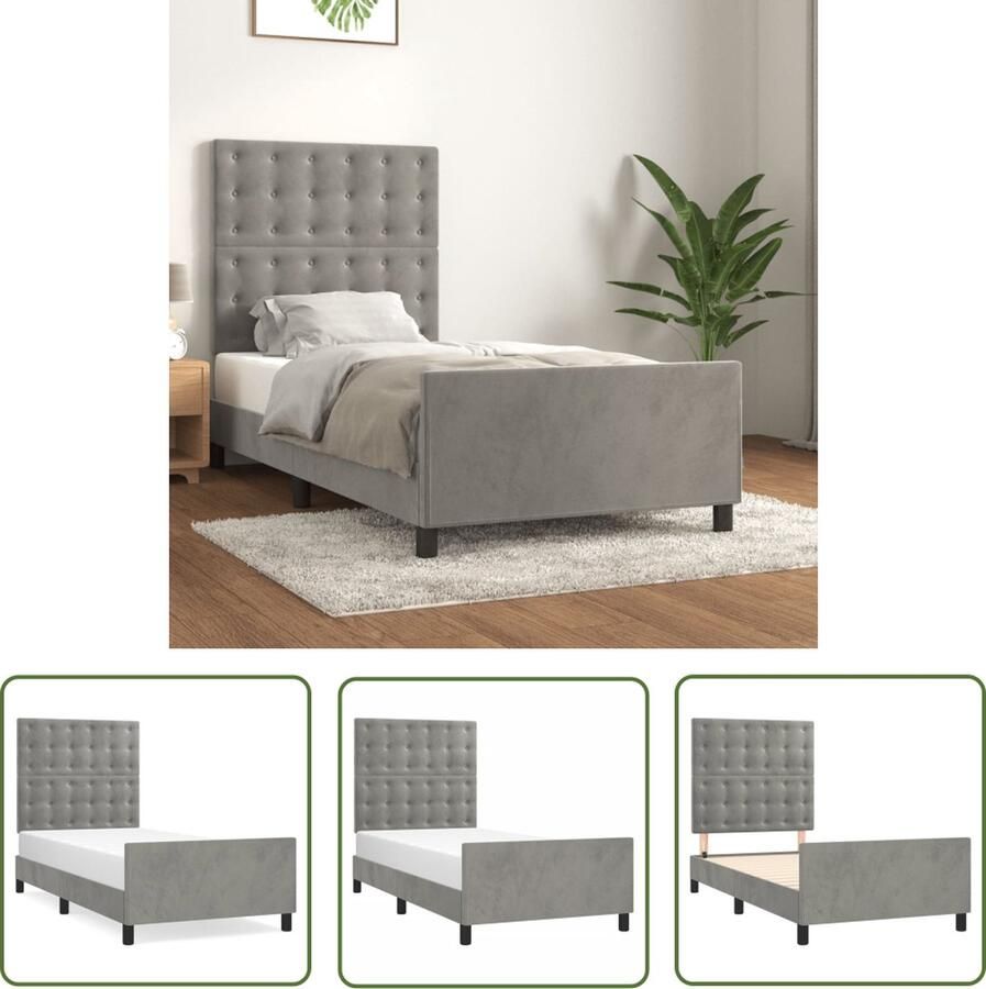 The Living Store Bedframe Fluweel Verstelbare hoogte Ondersteunende poten Multiplex lattenbodem Comfortabele ondersteuning Lichtgrijs 193 x 93 x 118 128 cm Geschikt voor 90 x 190 cm matras