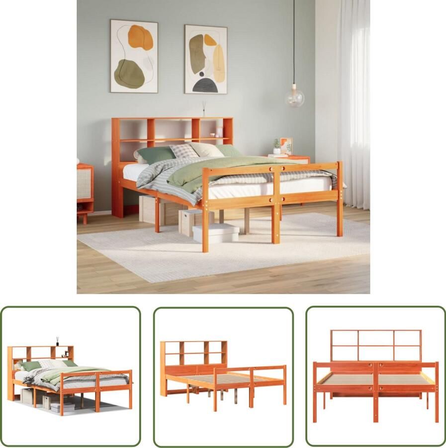 VidaXL Bed met boekenkast zonder matras hout wasbruin 150x200 cm Slaapkamer Set Bed Met Kast Boekenplank Bed Houten Bed Tweepersoonsbed