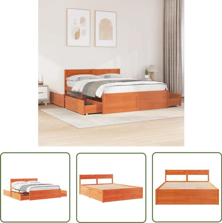VidaXL Bed Met Lade Massief Houten Bed Bedframe zonder matras massief grenenhout wasbruin 160x200 cm Bruine Bed Grenenhouten Bed King Size Bed