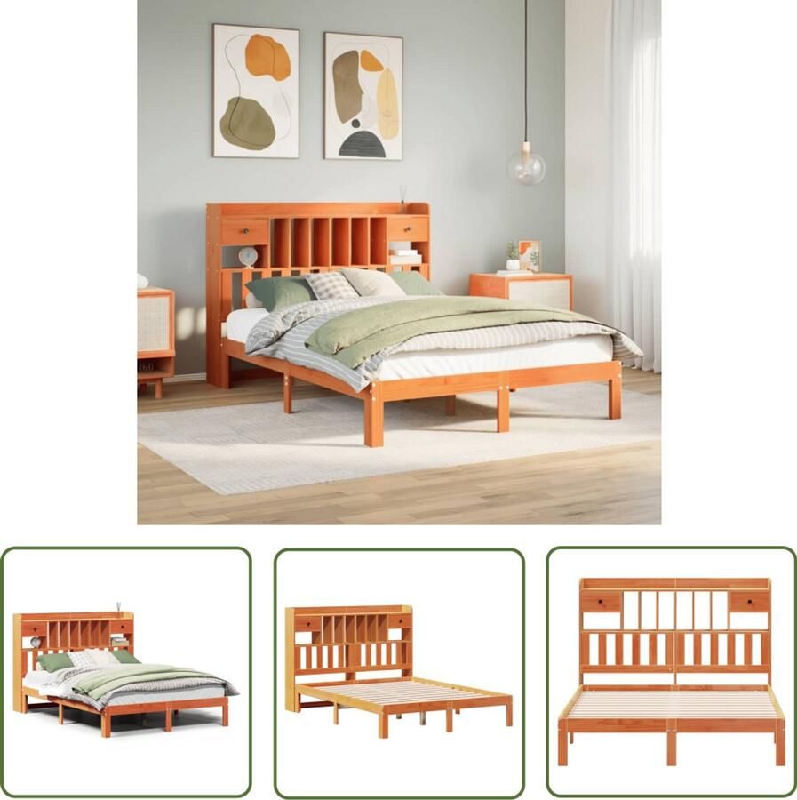 VidaXL Bed Slaapkamer Bed met boekenkast zonder matras grenenhout wasbruin 135x190 cm Boekenkast Houten Bed Grenenhout