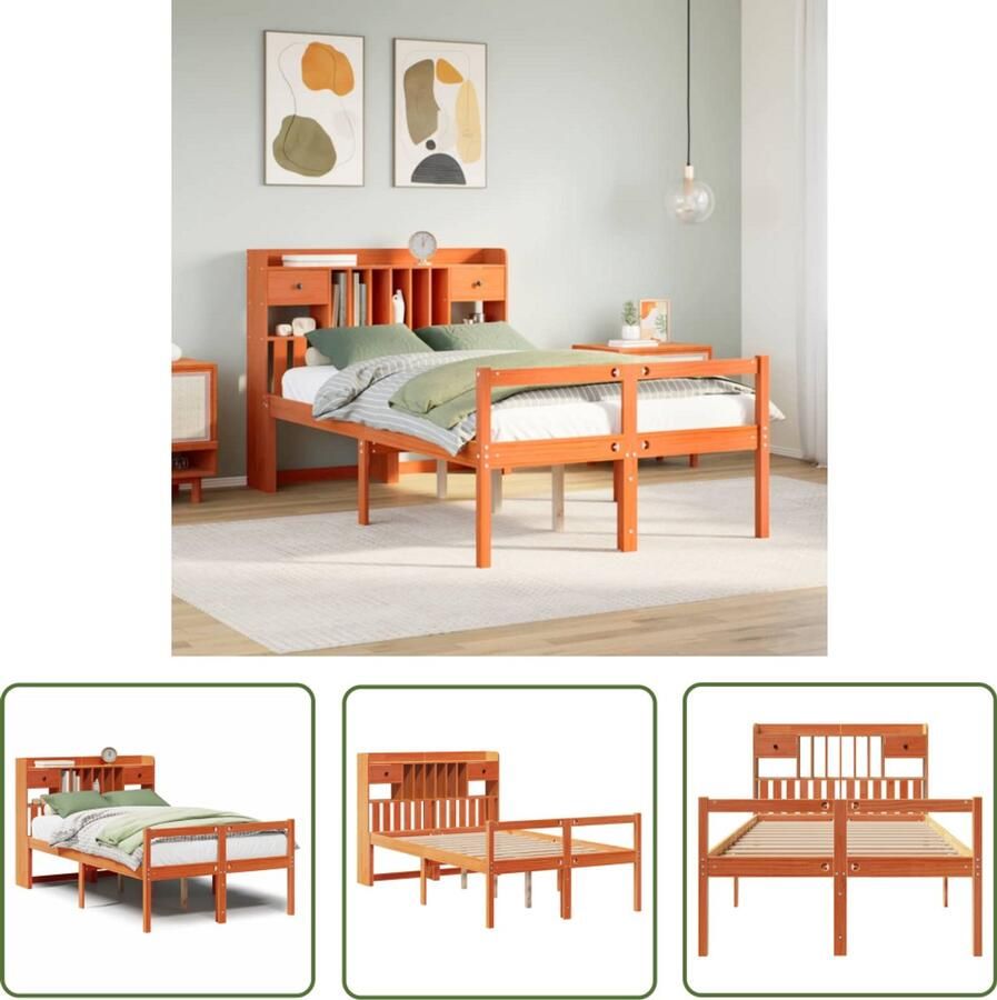 VidaXL Bed Slaapkamer Bed met boekenkast zonder matras grenenhout wasbruin 135x190 cm Houten Bed Boekenkast Grenenhout
