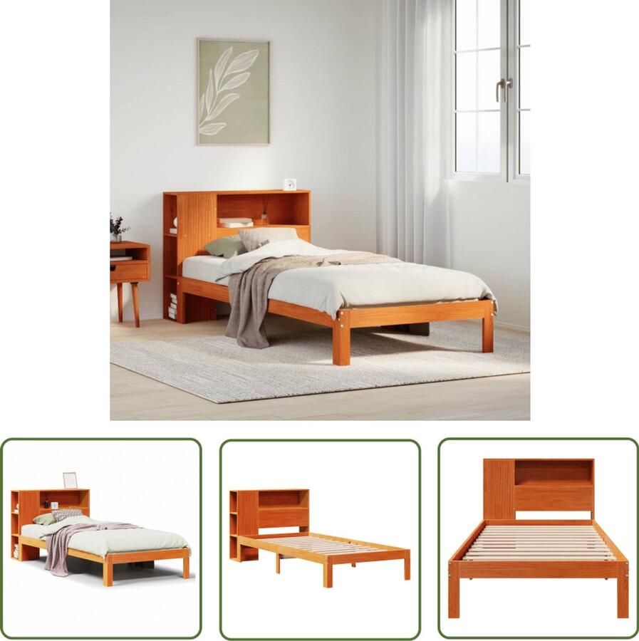 VidaXL Bed Slaapkamer Bed met boekenkast zonder matras grenenhout wasbruin 75x190 cm Boekenkast Houten Bed Massief Hout