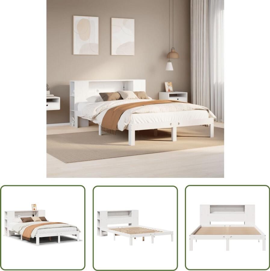 VidaXL Bed met boekenkast zonder matras grenenhout wit 150x200 cm Slaapkamer Bed Houten Bed Boekenkast Bed Massief Hout