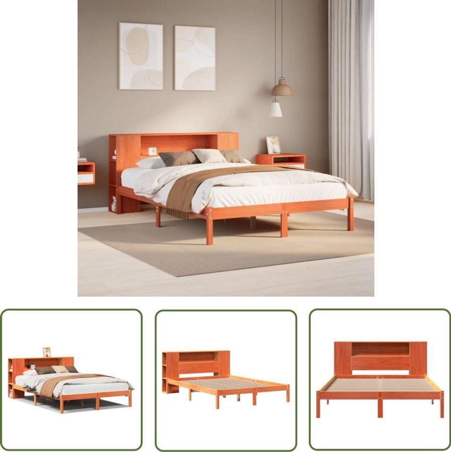 VidaXL Bed met boekenkast zonder matras grenenhout wasbruin 135x190 cm Slaapkamers Bed Houten Bed Grenenhout Bed Boekenkast Bed