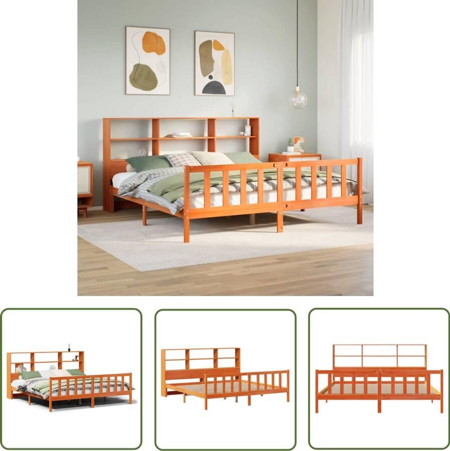The Living Store Bed met boekenkast zonder matras grenenhout wasbruin 200x200 cm Slaapkamers Bed Boekenkast Tweepersoonsbed Hout