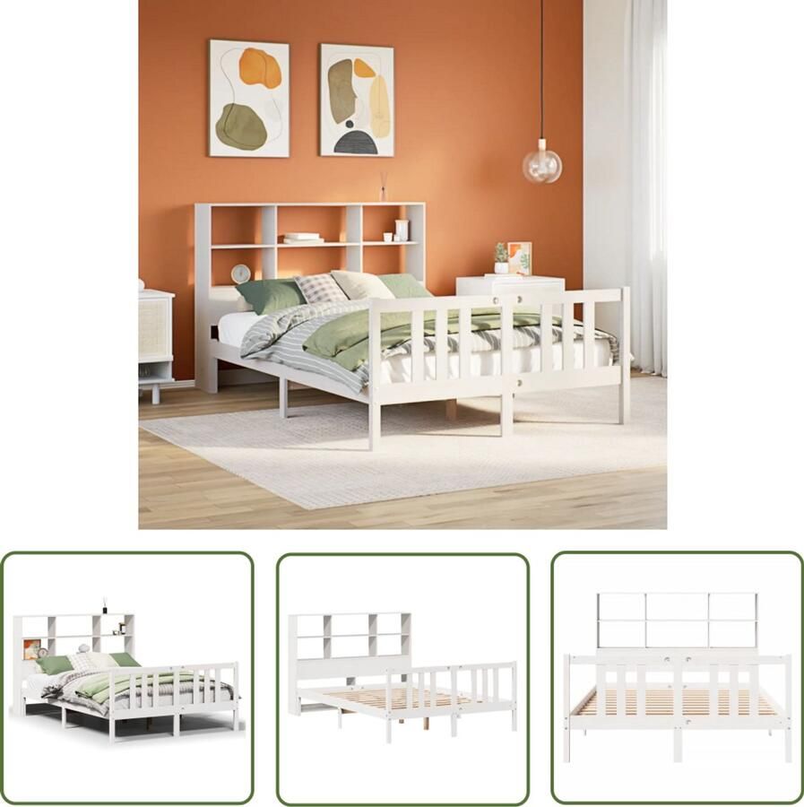 VidaXL Bed Slaapkamers Bed met boekenkast zonder matras grenenhout wit 160x200 cm Houten Bed Boekenkastbed Grenenhouten Bed