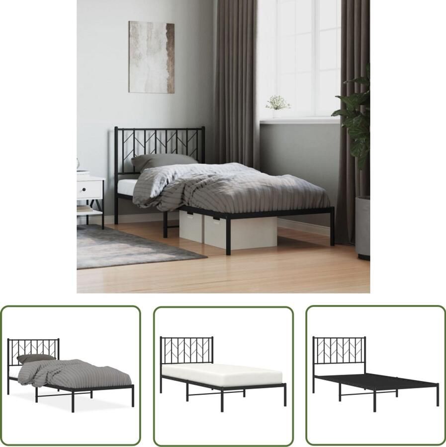 VidaXL Bedbank Bed Frame Bedframe met hoofdbord metaal zwart 90x190 cm Boxspring Staal Bed Zwart Bed