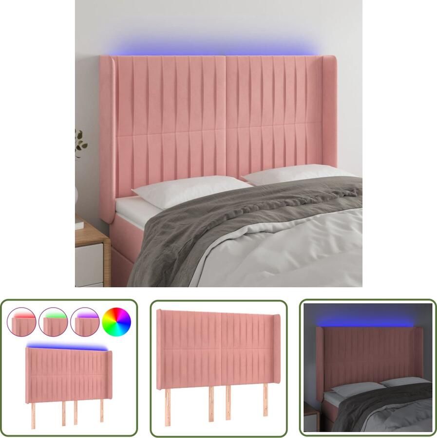 The Living Store Hoofdbord Fluweel Roze Verstelbaar LED-verlichting Snijdbare LED-strip 147x16x118 128 cm IP65 100% polyester Hoofd Bord Beddecoratie Led Headboard Velvet Headboard Roze Headboard