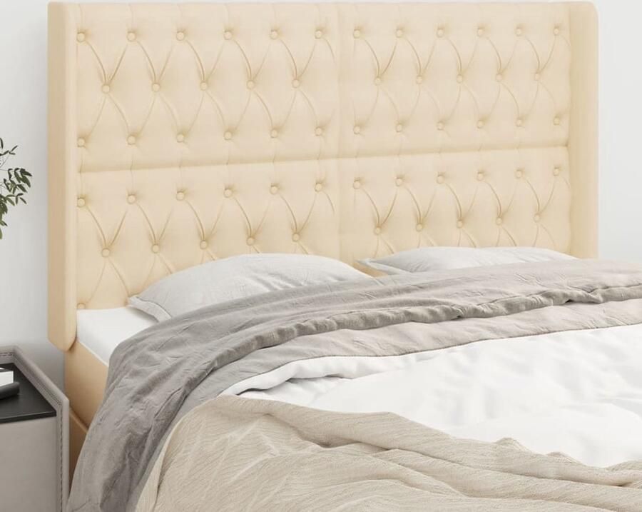 The Living Store Hoofdbord met randen 147x16x118 128 cm stof crèmekleurig Hoofd Bord Beddecoratie Hoofdkussen Bedroom Decor Luxe Bed