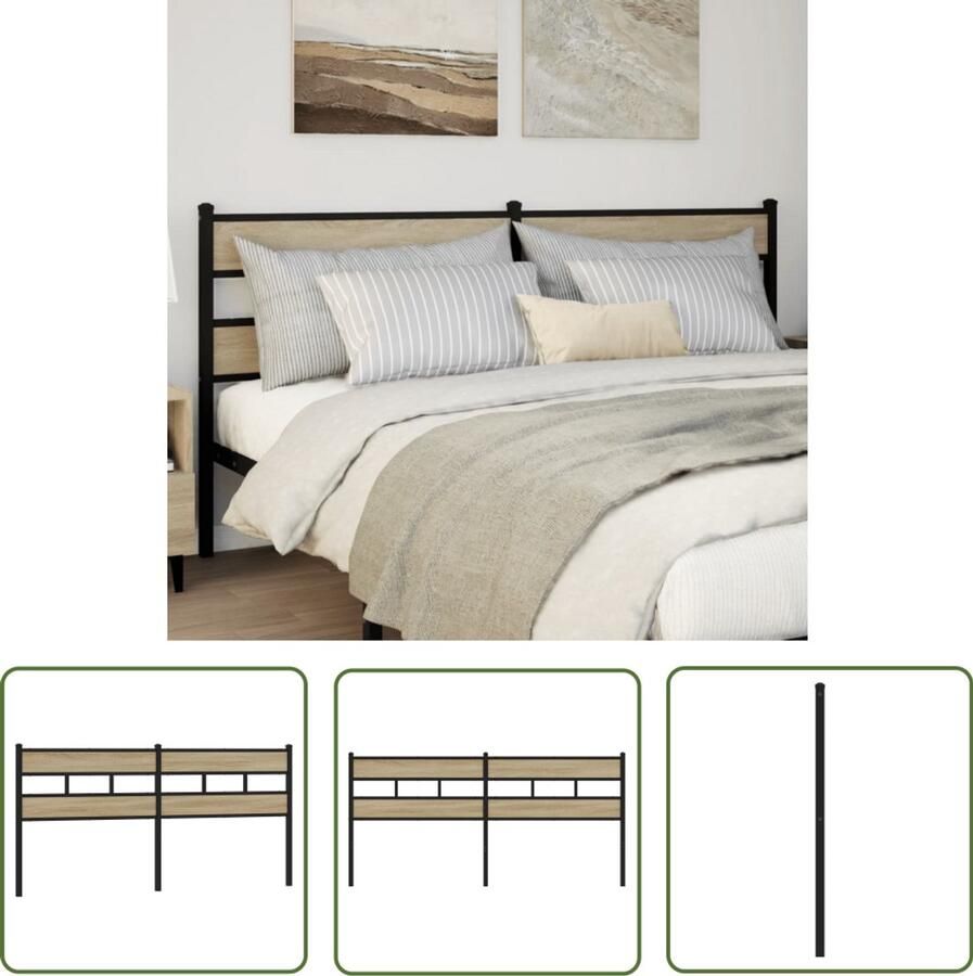 The Living Store Hoofdbord 200 cm ijzer en bewerkt hout sonoma eikenkleurig Hoofdbord Beddecoratie Slaapcomfort Metalen Hoofdbord Hoofdensteun