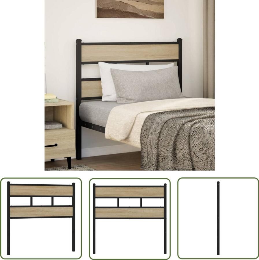 The Living Store Hoofdbord 75 cm ijzer en bewerkt hout sonoma eikenkleurig Hoofdbord Beddecoratie Slaapcomfort Houten Hoofdbord Industrieel Design