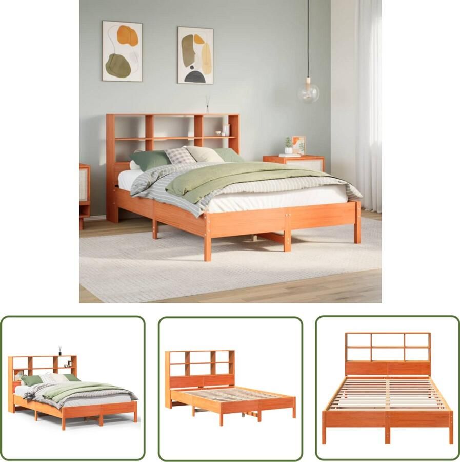 VidaXL Bedden Slaapkamers Bed met boekenkast zonder matras grenenhout wasbruin 120x190 cm Houten Bedden Grenenhouten Bed Boekenkastbed
