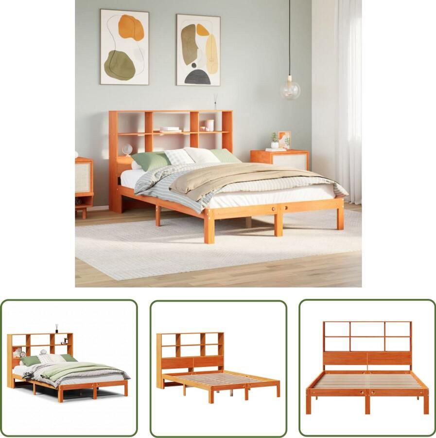 VidaXL Bedden Slaapkamers Bed met boekenkast zonder matras grenenhout wasbruin 120x190 cm Houten Bedden Boekenkasten Opbergbed
