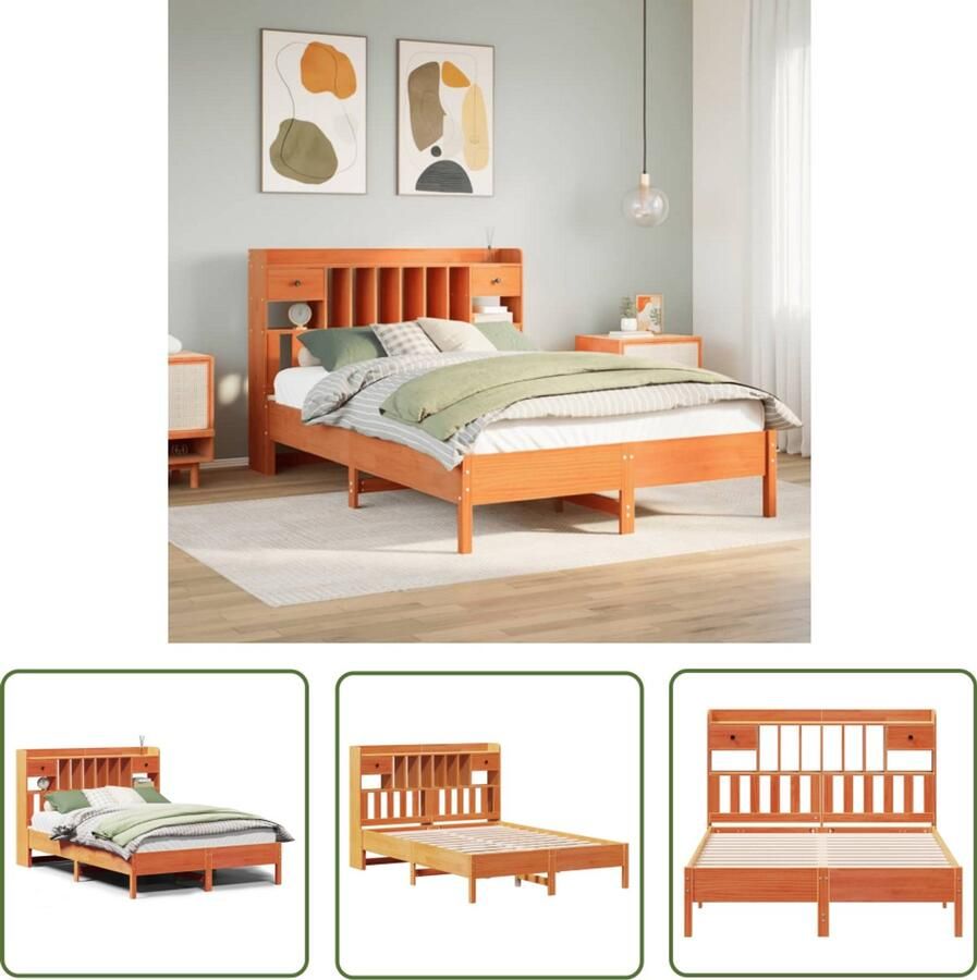 VidaXL Bedden Slaapkamers Bed met boekenkast zonder matras grenenhout wasbruin 140x190 cm Houten Bedden Boekkastenbed Bedstee