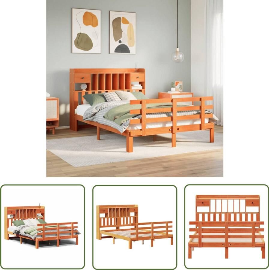 VidaXL Bedden Slaapkamers Bed met boekenkast zonder matras grenenhout wasbruin 140x190 cm Houten Bed Boekenkastbed Massief Hout