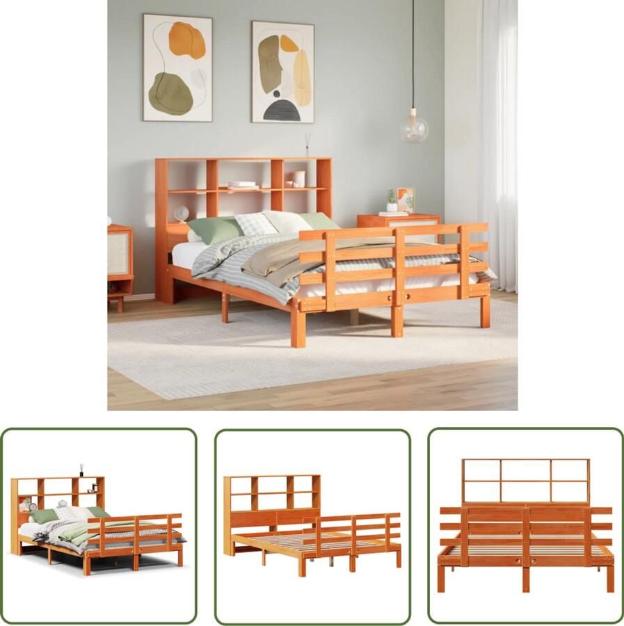 VidaXL Bedden Slaapkamers Bed met boekenkast zonder matras grenenhout wasbruin 140x200 cm Houten Bed Boekenkastbed Grenenhout