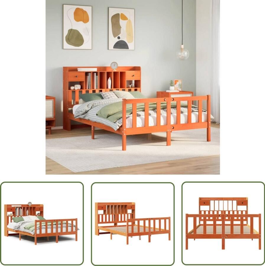 VidaXL Bedden Slaapkamers Bed met boekenkast zonder matras grenenhout wasbruin 140x200 cm Houten Bed Boekenkast Bed Grenen Hout