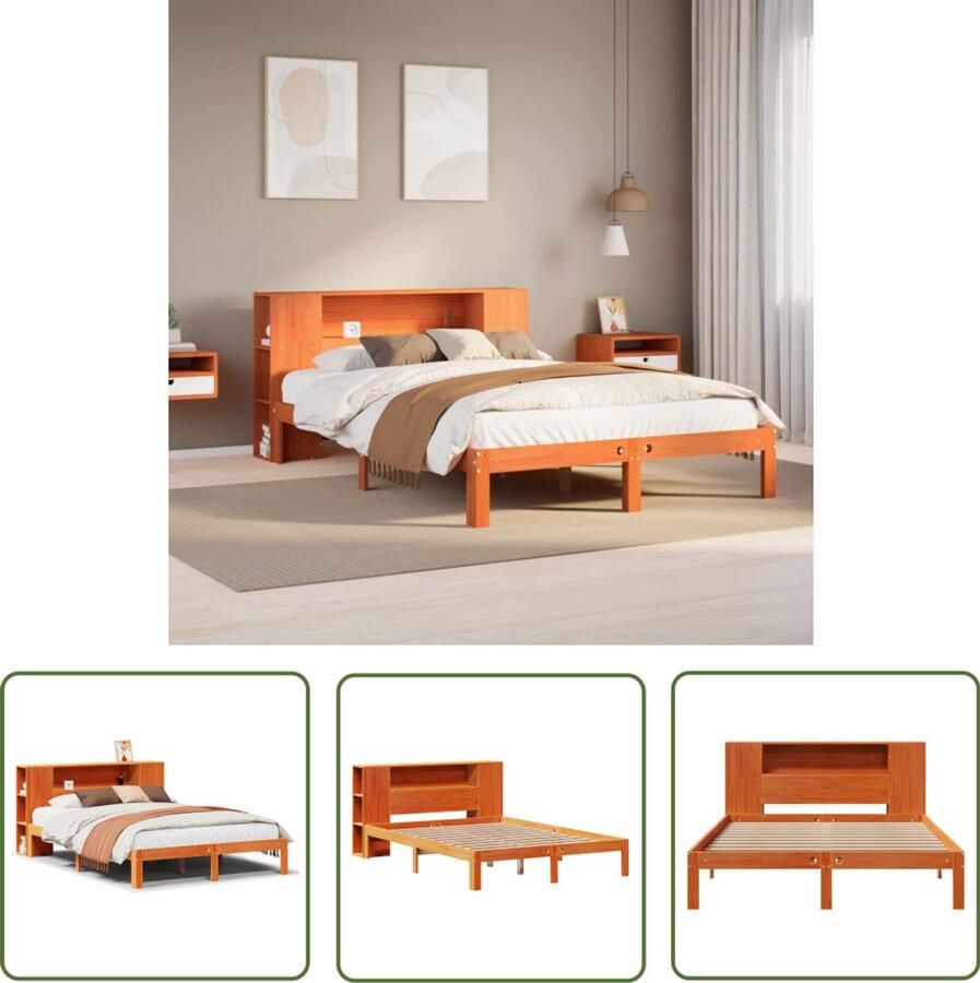 VidaXL Bed met boekenkast zonder matras grenenhout wasbruin 140x200 cm Slaapkamers Bedden Houten Bedden Boekenkasten Opbergbed