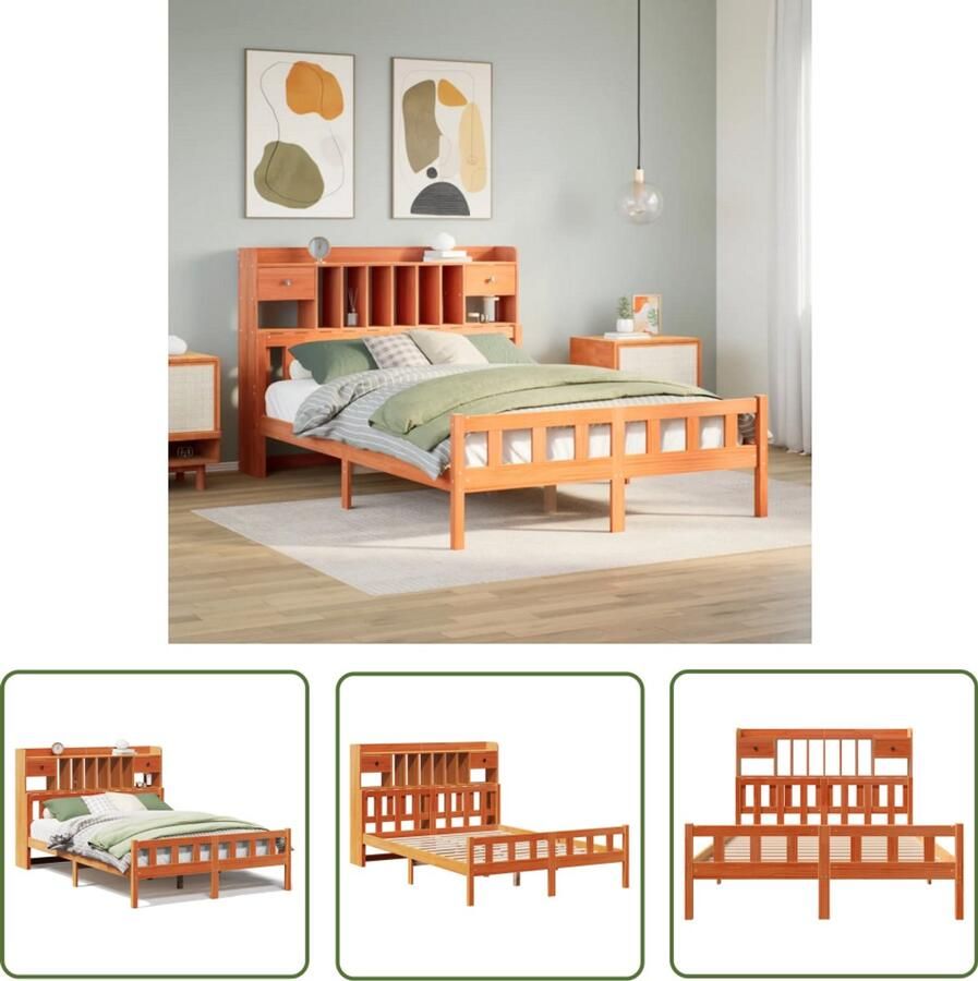 VidaXL Bedden Slaapkamers Bed met boekenkast zonder matras grenenhout wasbruin 150x200 cm Houten Bed Boekenkast Bed Tweepersoonsbed
