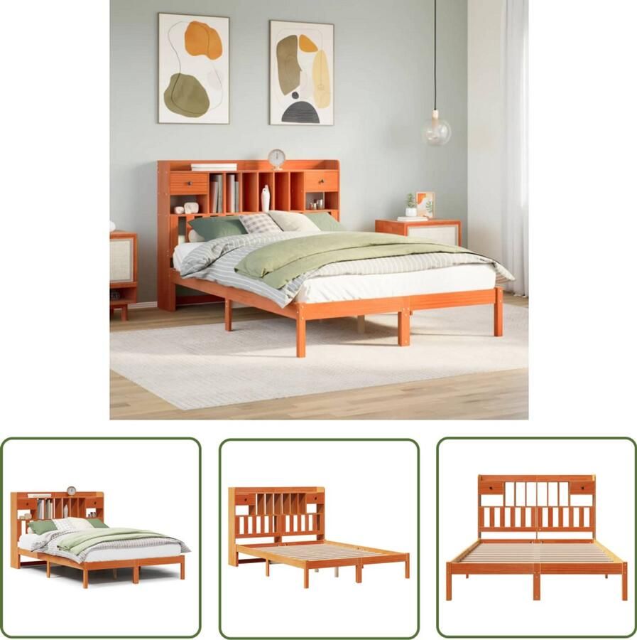 VidaXL Bedden Slaapkamers Bed met boekenkast zonder matras grenenhout wasbruin 150x200 cm Houten Bed Boekenkastbed Tweepersoonsbed