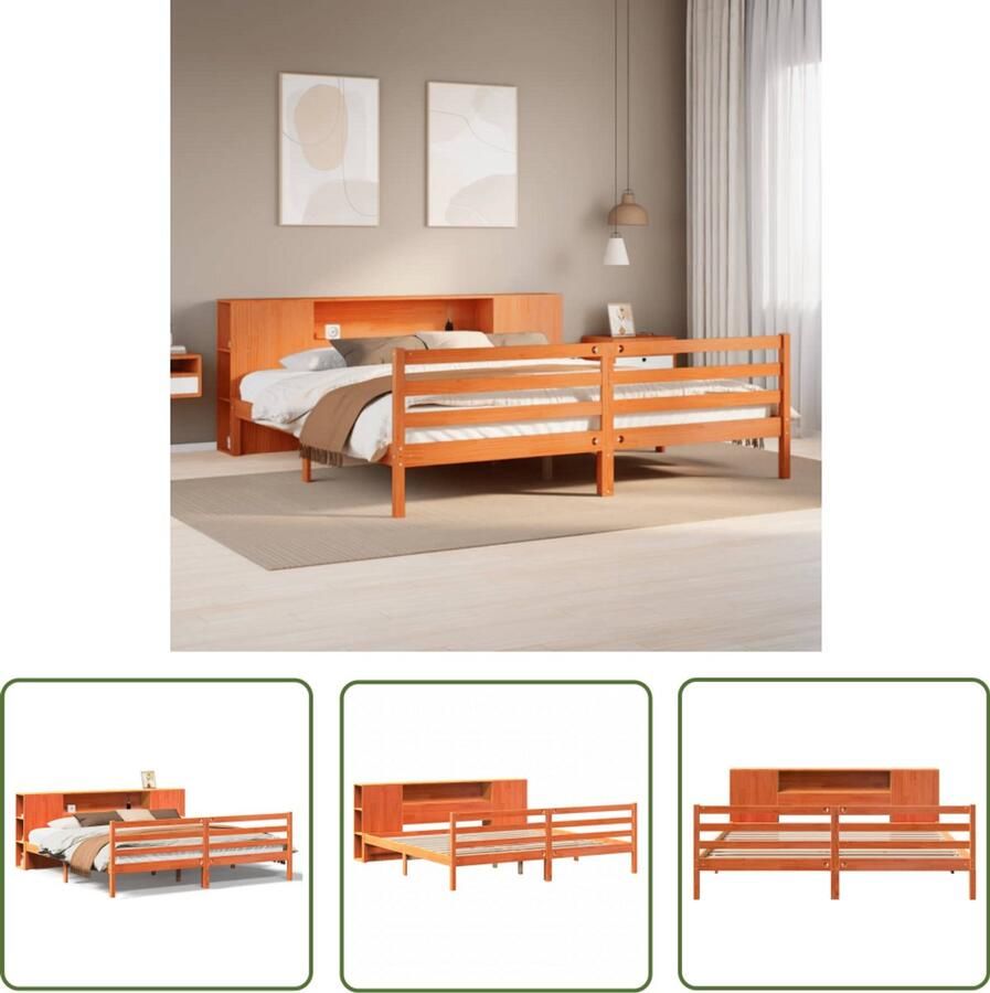 VidaXL Bed met boekenkast zonder matras grenenhout wasbruin 200x200 cm Slaapkamers Bedden Houten Bed Boekenkasten Massief Hout