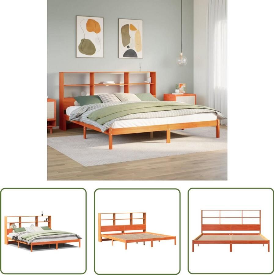 VidaXL Bedden Slaapkamers Bed met boekenkast zonder matras grenenhout wasbruin 200x200 cm Houten Bed Boekenkast Bed Massief Hout