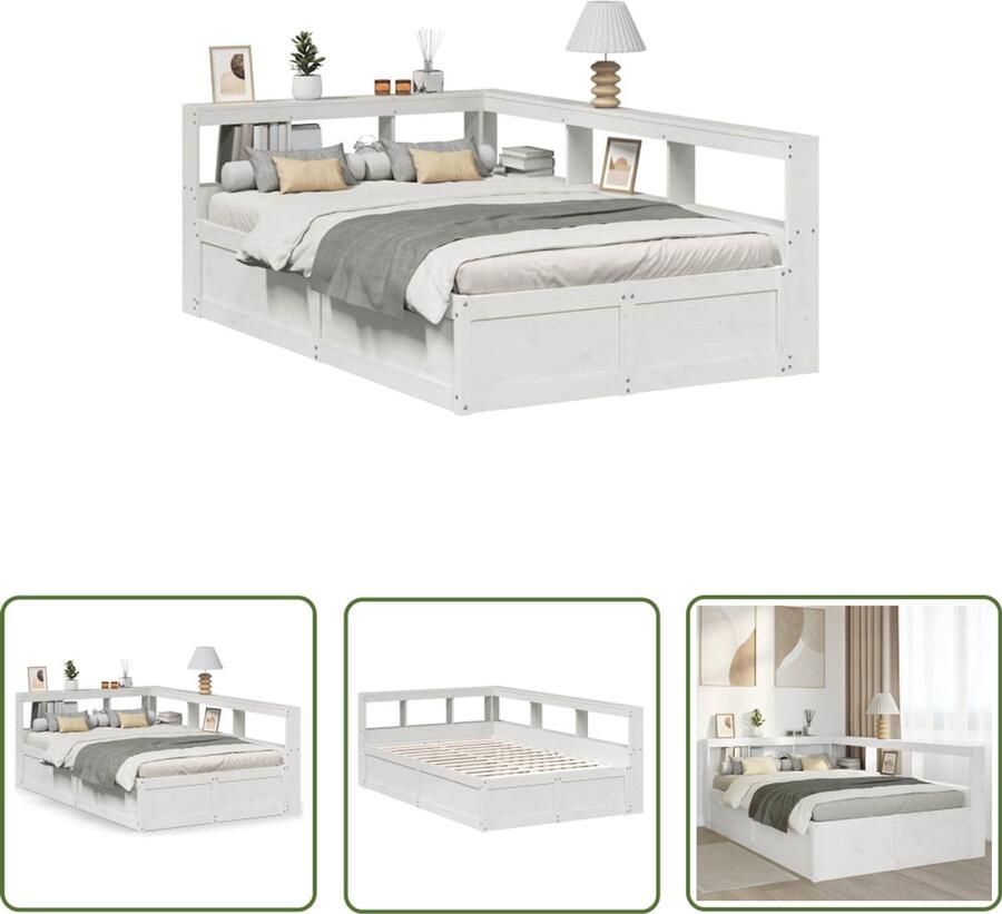 VidaXL Bedden Slaapkamers Bed met boekenkast zonder matras grenenhout wit 120x190 cm Houten Bedden Grenenhouten Bed Boekenkastbed