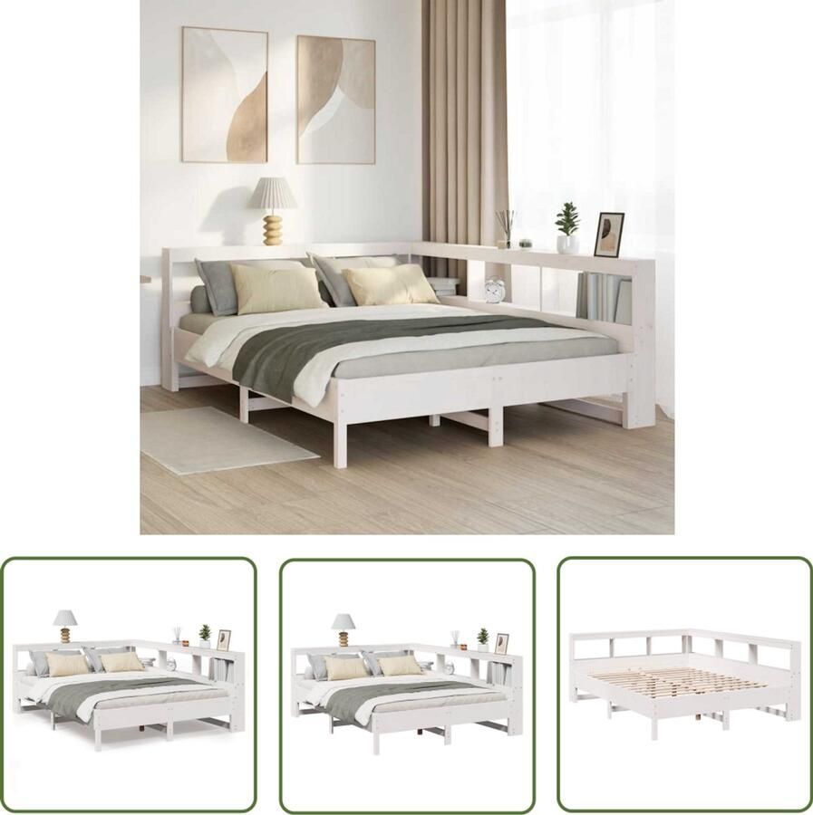 VidaXL Bedden Slaapkamers Bed met boekenkast zonder matras grenenhout wit 140x200 cm Houten Bedden Boekenkasten Tweepersoonsbed