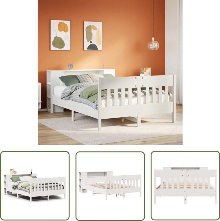 VidaXL Bedden Slaapkamers Bed met boekenkast zonder matras grenenhout wit 150x200 cm Houten Bed Boekenkast Bed Grenen Hout