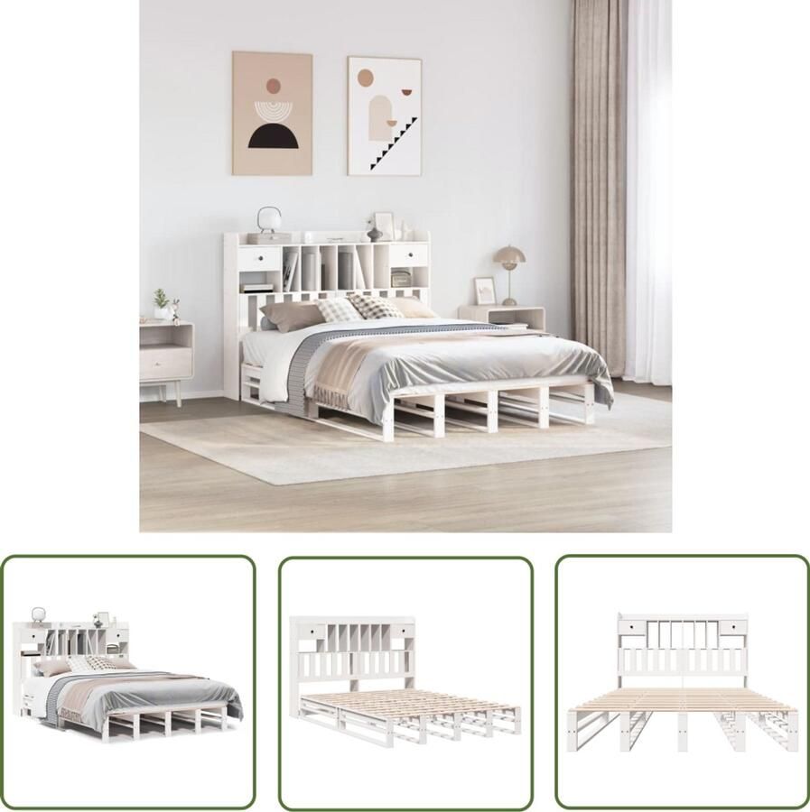 VidaXL Bedden Slaapkamers Bed met boekenkast zonder matras grenenhout wit 160x200 cm Houten Bedden Boekenkasten Grenenhouten Bed