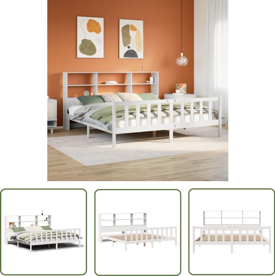 VidaXL Bedden Slaapkamers Bed met boekenkast zonder matras grenenhout wit 200x200 cm Houten Bed Boekenkast Bed Massief Hout Bed