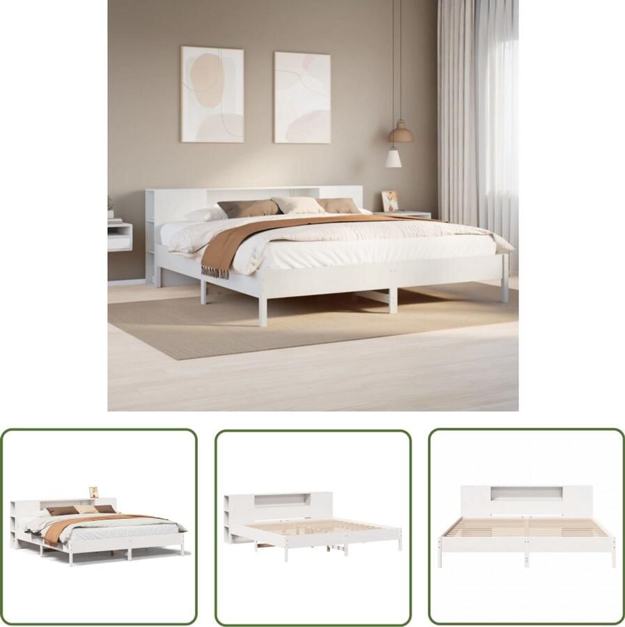 VidaXL Bed met boekenkast zonder matras grenenhout wit 200x200 cm Slaapkamers Bedden Houten Bedden Boekenkasten Bed Met Kast