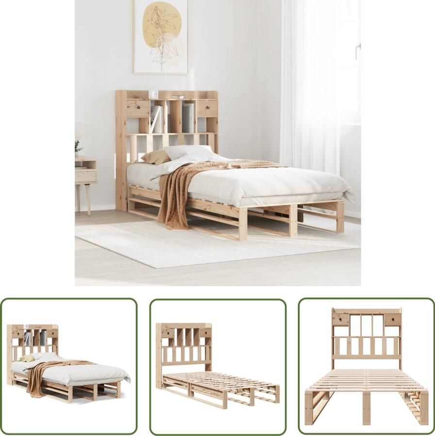 VidaXL Bedden Slaapkamers Bed met boekenkast zonder matras massief grenenhout 100x200 cm Houten Bedden Boekenkasten Massief Hout