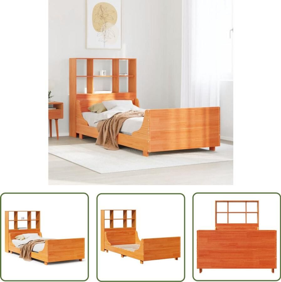 VidaXL Bedden Slaapkamers Bed met boekenkast zonder matras massief hout wasbruin 75x190cm Houten Bed Boekenkast Bed Massief Grenenhout