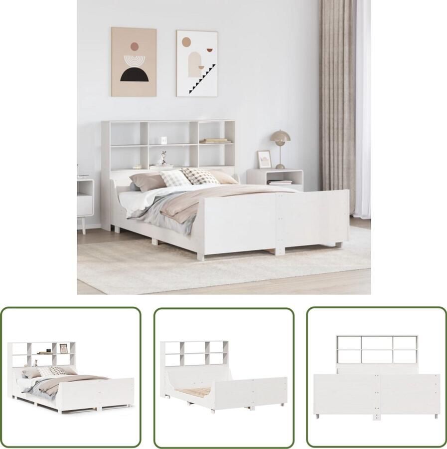 VidaXL Bed met boekenkast zonder matras massief hout wit 160x200 cm Slaapkamers Bedden Houten Bed Boekenkasten Massief Grenenhout